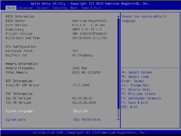 ARK 1123 BIOS Landing Page