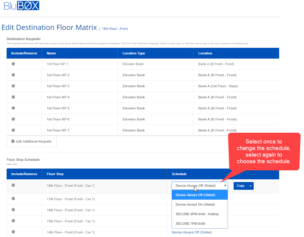 Destination Floor Matrix Change Schedule