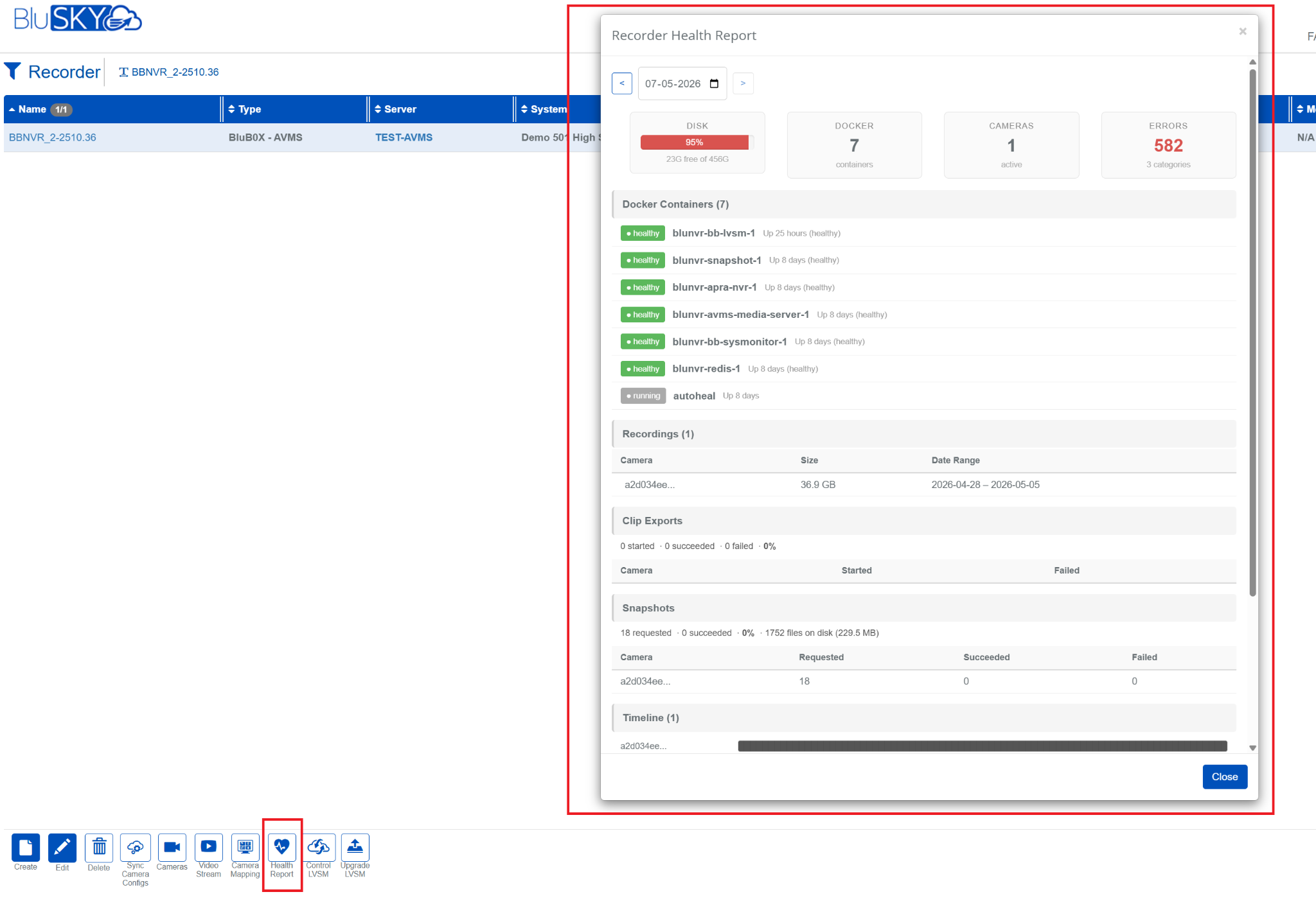 BBNVR Recorder Health Status with health report