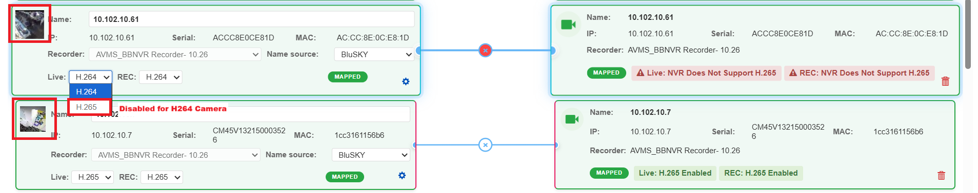 Camera Mapping page showing snapshot previews for BluSKY and NVR cameras
