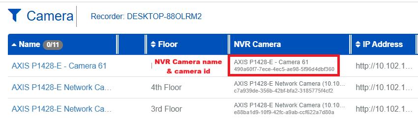 Camera Search page with NVR Camera column