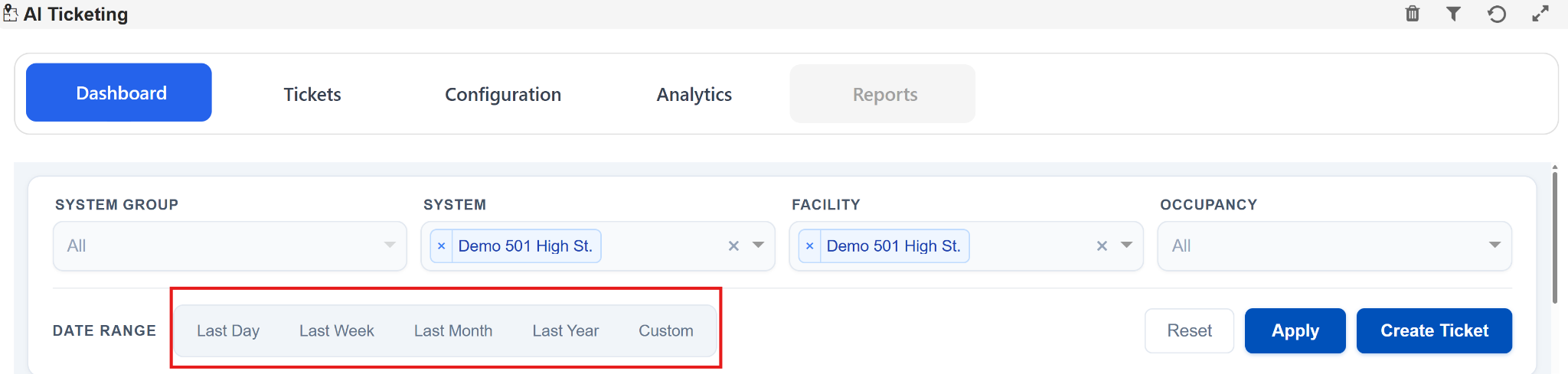 Dashboard with predefined Date Range filter options
