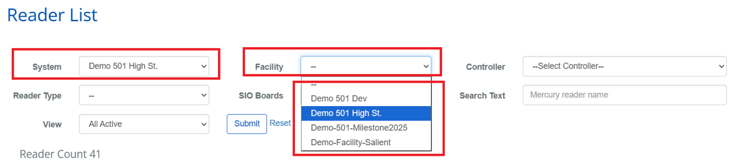 Reader List with Facility filter dropdown