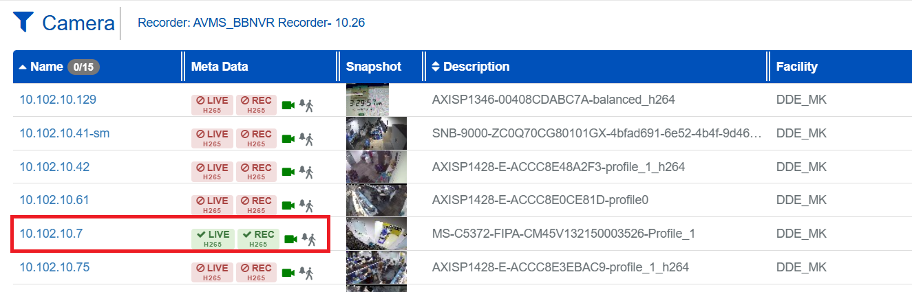 Camera View List with H.265 LIVE and REC indicators
