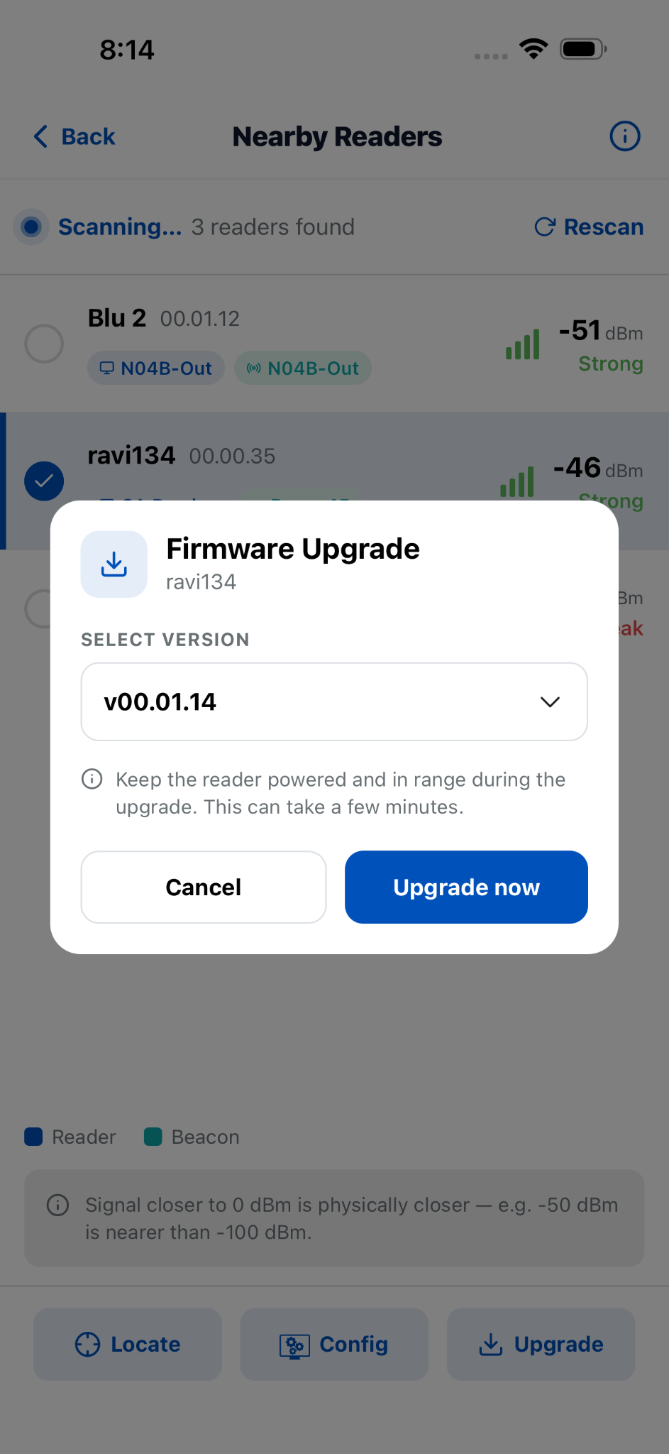 Firmware Upgrade dialog with version selection