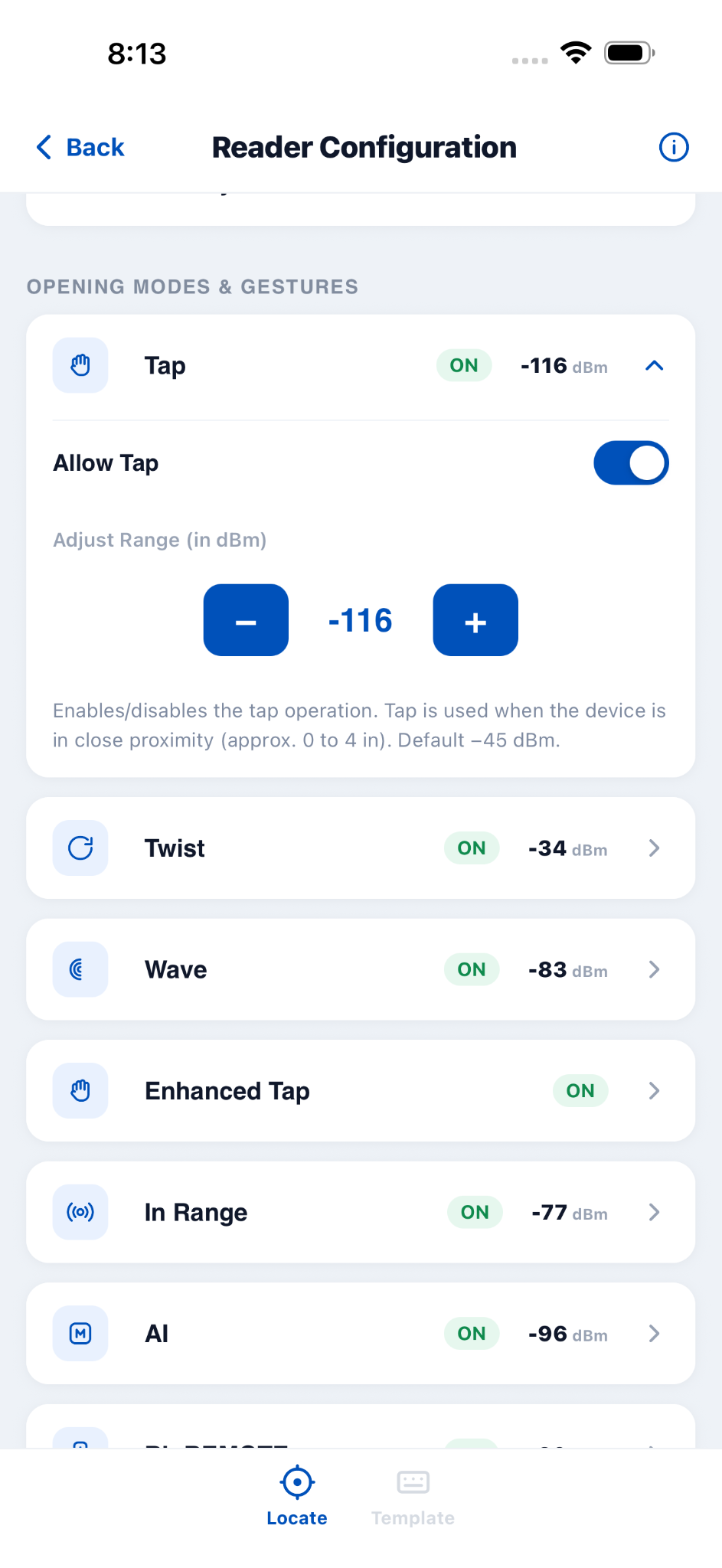 Gestures and proximity settings with dBm range controls