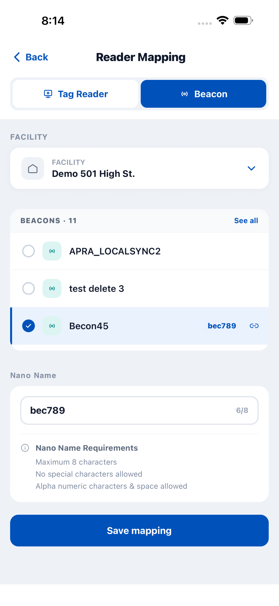 Reader Mapping Beacon screen with Nano Name field and validation