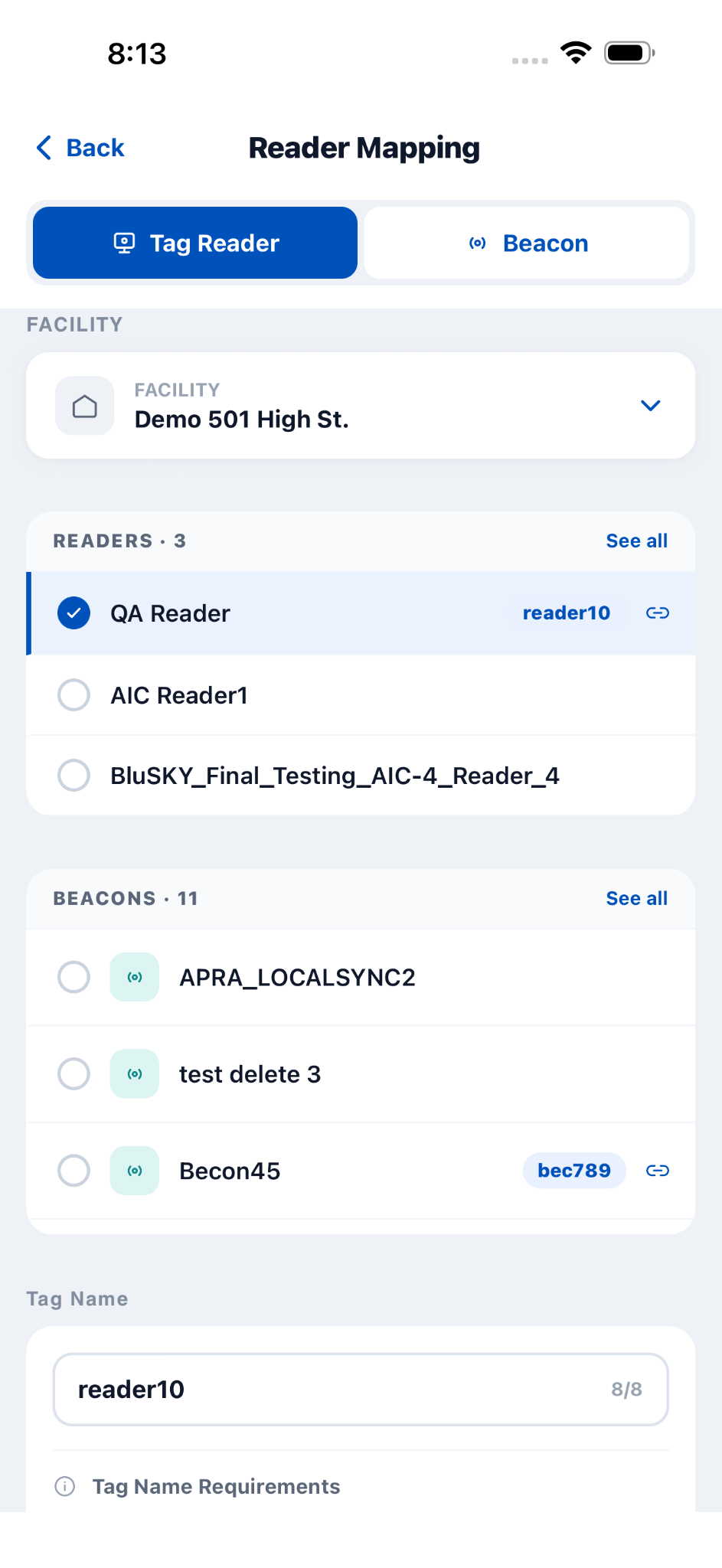Reader Mapping Tag Reader screen with facility, readers, and beacons