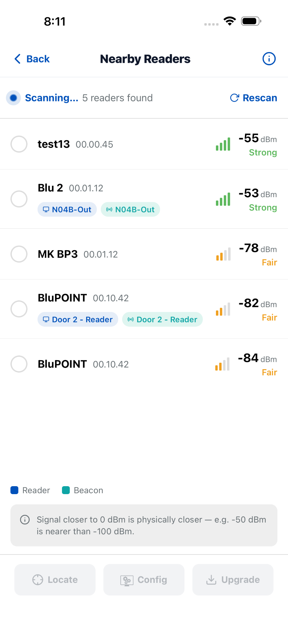 Nearby Readers screen with discovered devices and signal strength