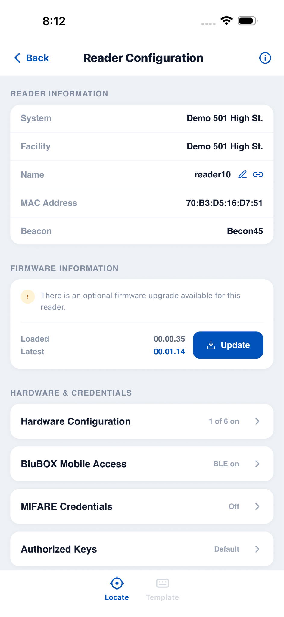 Reader Configuration screen showing device information and firmware details
