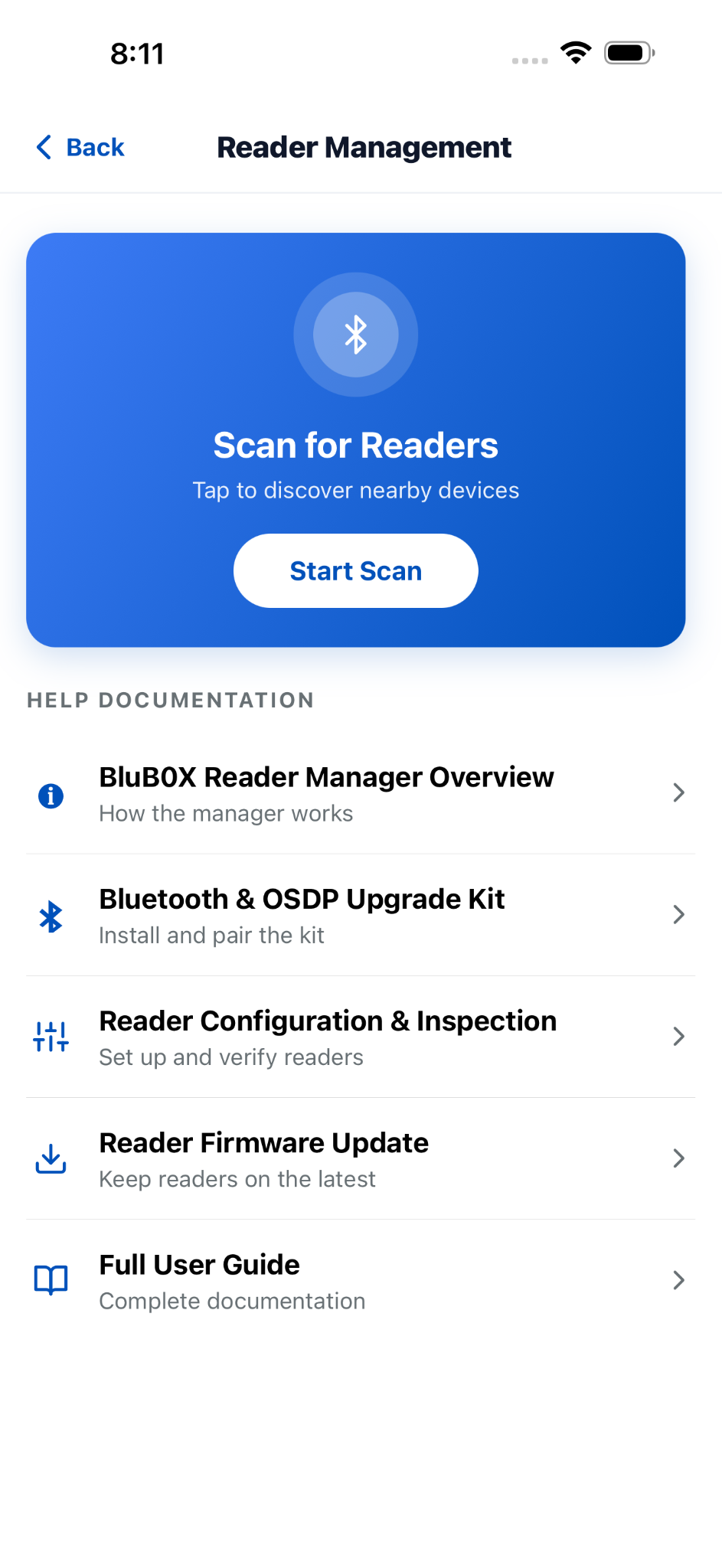 Reader Management landing screen with Scan for Readers and Help Documentation