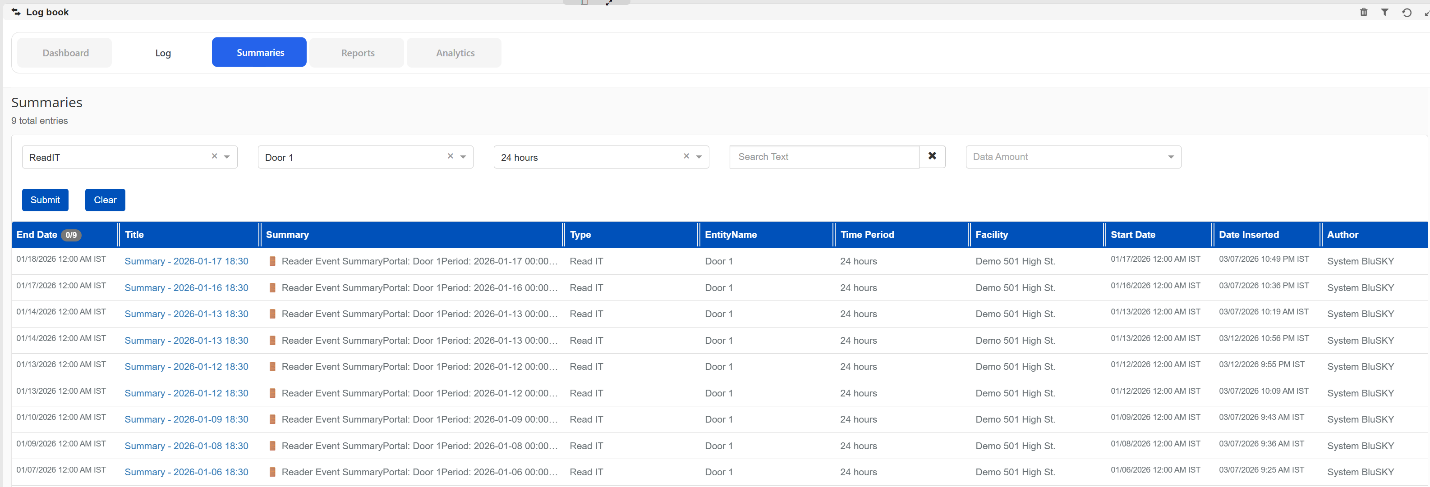 LogBook Summaries list view