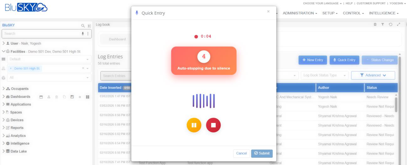 Quick Entry – auto-stopping due to silence