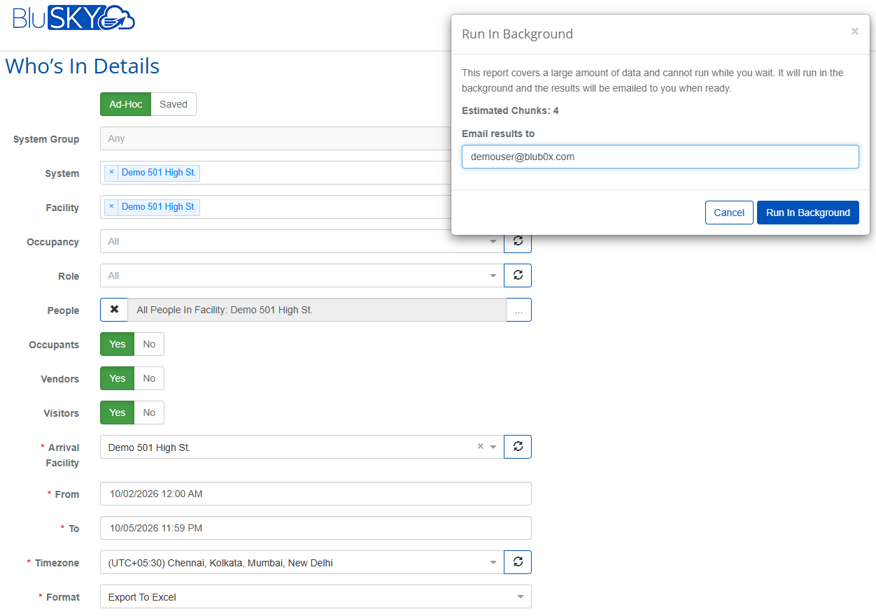 Who's In Details report with Run In Background pop-up showing estimated chunks and email field