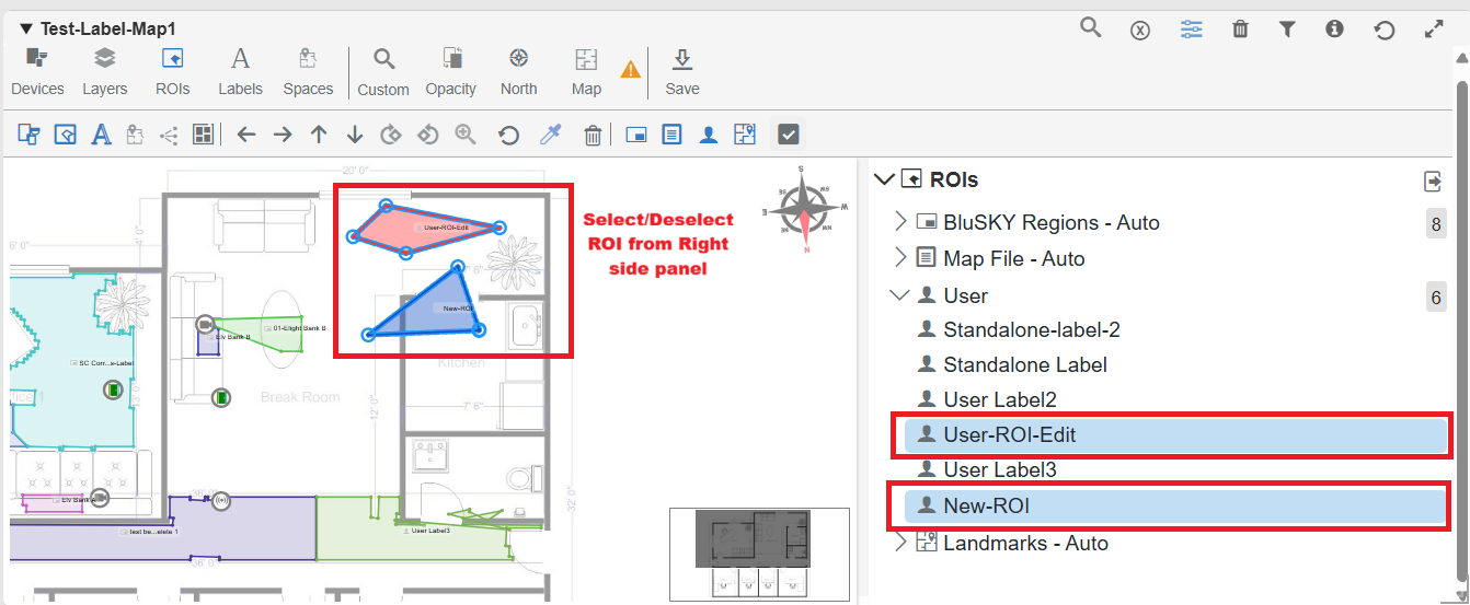 Select and deselect ROIs from the right-side panel