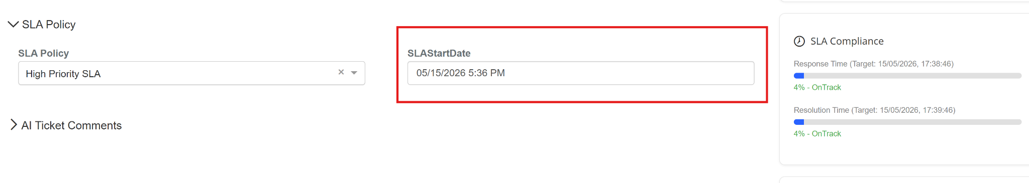 SLA Policy, SLA Start Date, and SLA Compliance in Ticket Details