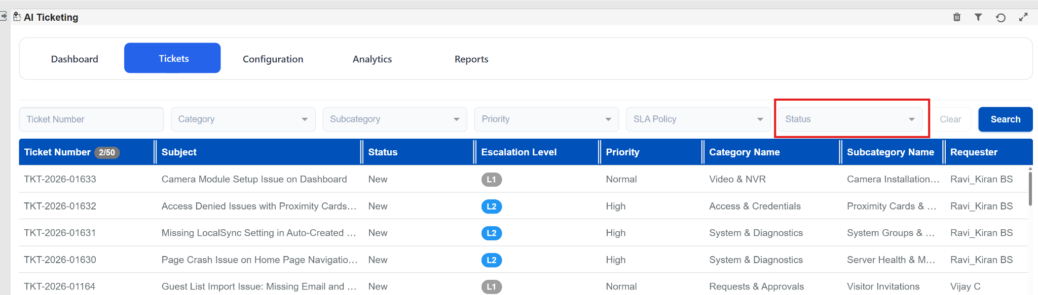 Status filter on Ticket List page